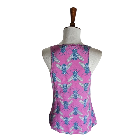 Leifnotes 100% Silk V Neck Pink Tank Top with Blue Bee Print Small Preowned - Picture 2 of 9